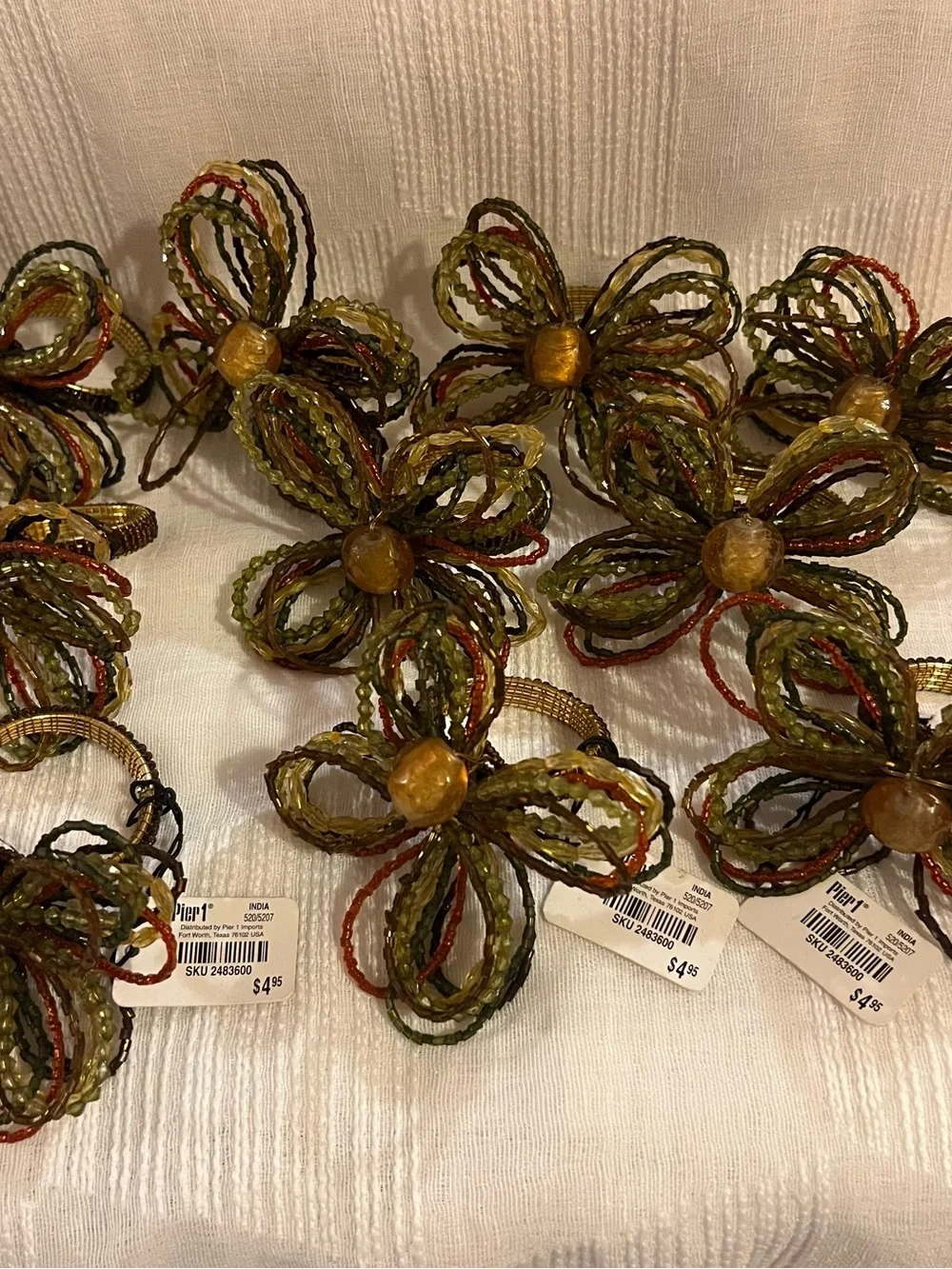 10 Pier 1 Beaded Floral Statement Napkin Rings Holders in Olive, Amber & Rust